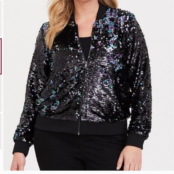 torrid Jackets & Blazers - Torrid NWT Black Iridescent Sequin Bomber Jacket Size 00 (10)